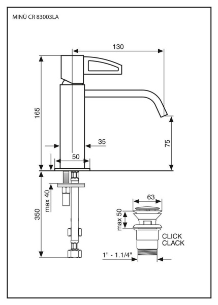 смеситель для раковины emmevi minu 83003l/a/cr с донным клапаном click-clack, хром