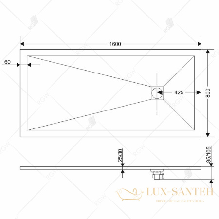 душевой поддон rgw stt 16152816-01 из искусственного камня st-0168w 80x160x2,5, белый