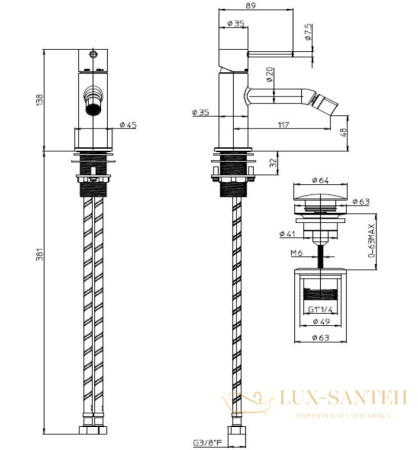 смеситель для биде bossini teo z00702.094, c донным клапаном, никель шлифованный