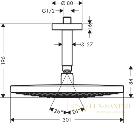 верхний душ hansgrohe raindance select s 300 2jet 27337000 с потолочным подсоединением, хром