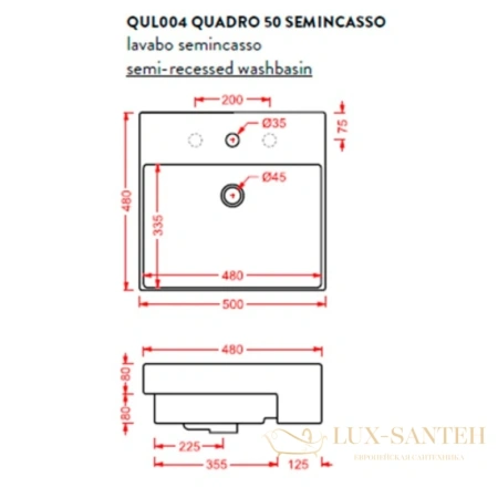 раковина artceram quadro semincasso qul004 01 00 50x48 см, белый