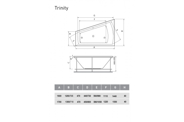 ванна акриловая vayer trinity l 170x130