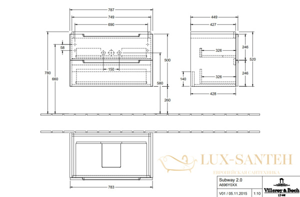 тумба под раковину villeroy & boch subway a69600fq 78,7 х 44,9 х 52, дуб графитовый