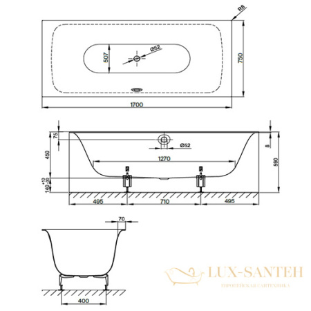 ванна bette lux 3440-000 plus 1700х750 мм шумоизоляция, антигрязевое покрытие, белый