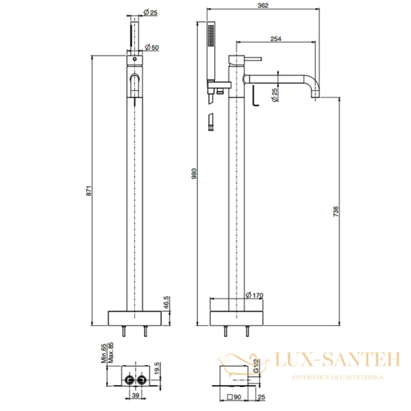 смеситель напольный для ванны fima carlo frattini spillo tech, f3034t/6nxns, ручка "x", с ручным душем и шлангом 1500 мм, чёрный матовый