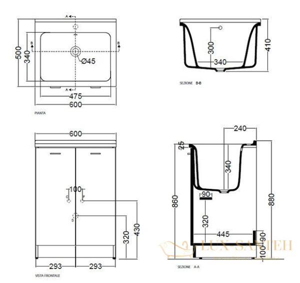 комплект kerasan aquadom 9166k3*0, 60х50см: база + раковина 029201 без отверстия под смеситель+выпуск с сифоном , цвет белый матовый