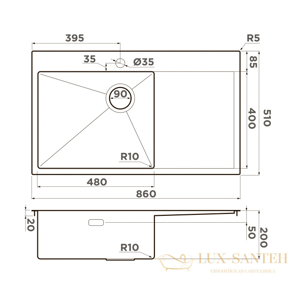 кухонная мойка omoikiri akisame 86-lg-l side 4997045, светлое золото