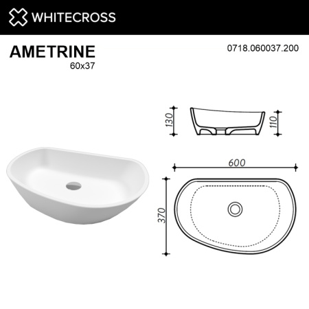 умывальник whitecross ametrine 60x37, белый мат иск. камень