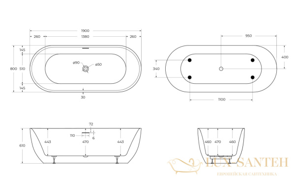 ванна акриловая свободностоящая 190х80 см belbagno bb417-1900-800, белый глянцевый