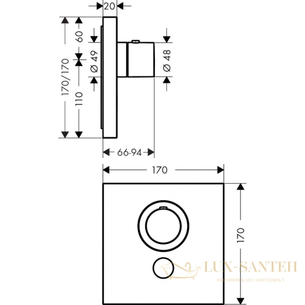 термостат встраиваемый axor showers, 36716000, select, для душа, с запорным клапаном, 1 потребителей, (внешняя часть), хром