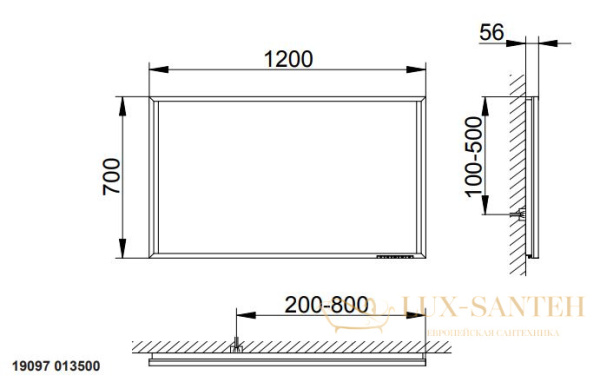 зеркало с подсветкой keuco edition 90, 19097013500, 1200x700x56 мм, в хромированной раме