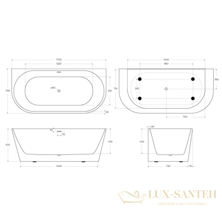 ванна акриловая пристенная 170x80 см belbagno bb710-1700-800, белый глянцевый