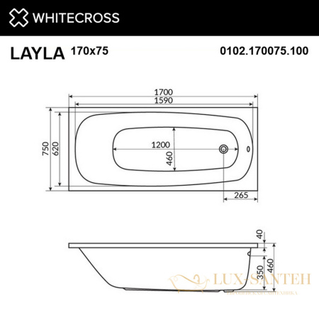 ванна whitecross layla 170x75 "nano", 0102.170075.100.nano.gl, белый