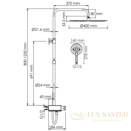 душевая система wasserkraft aller a113.117.059.ch thermo 400 мм, хром/белый