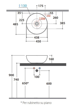 раковина накладная globo t-edge b6t45.sk, без перелива, d45xh16, smoke