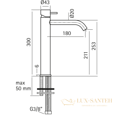 смеситель для раковины, cisal xion, xi003544d1, без доннного клапана, нержавеющая сталь