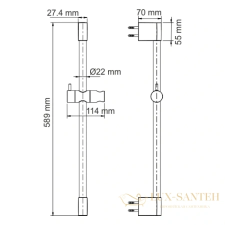 душевая штанга wasserkraft glan a191 58,9 см, черный глянец