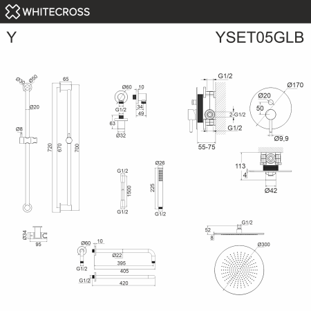 система для душа скрытого монтажа whitecross y yset05glb, брашированное золото