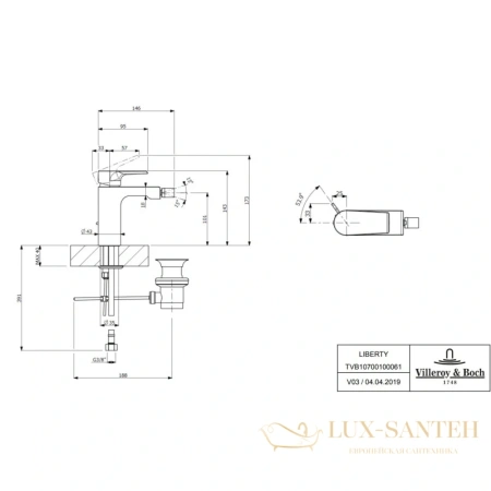 смеситель villeroy & boch liberty tvb10700100061 для биде с донным клапаном, хром