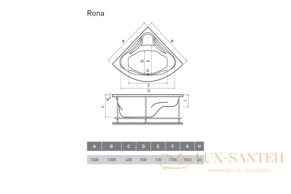 ванна акриловая relisan rona 130x130
