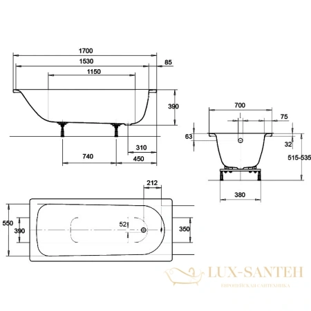 стальная ванна kaldewei eurowa 119812030001 312-1 standard 170x70 см, белый 