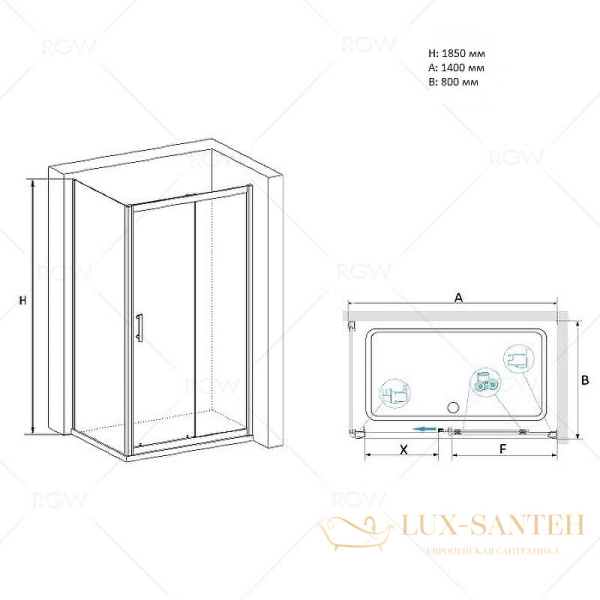 душевой уголок rgw passage 020814584-11 pa-145 140х80, профиль хром, стекло прозрачное