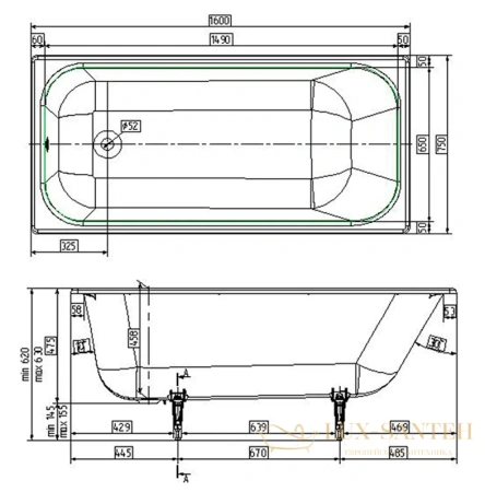 ванна чугунная wotte start 160x75 c отверстиями для ручек, start 1600x750ur, цвет белый