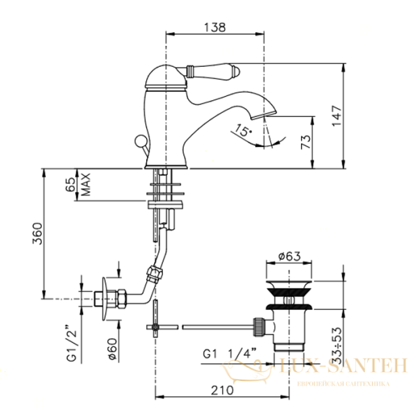 смеситель для раковины, nicolazzi el capitan, 3402bz75, с донным клапаном, бронза