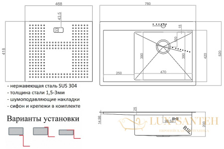 кухонная мойка zorg master zm n-7852-r grafit 78 см с накладкой, графит