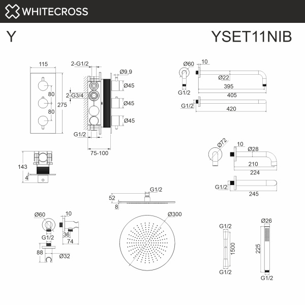 термостатическая система для ванны скрытого монтажа whitecross y yset11nib, брашированный никель