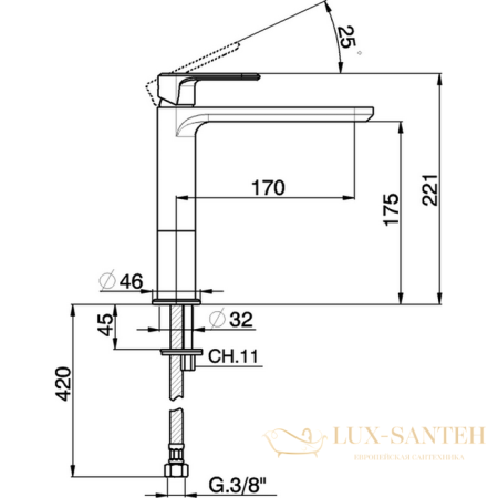 смеситель для раковины, cisal lineaviva, lv00150021, без донного клапана, хром