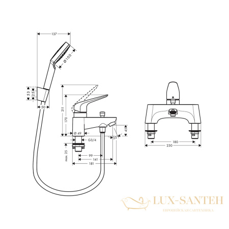 смеситель для ванны hansgrohe novus 71044000, хром