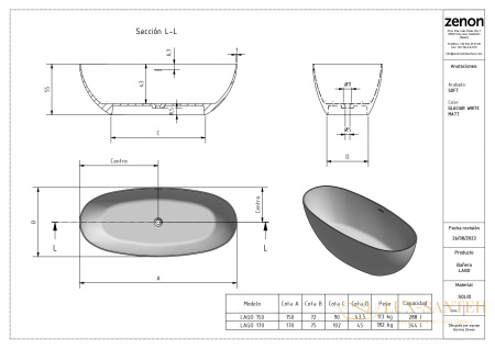 ванна свободностоящая zenon lago, 4000.000.000.000.39670, из искусственного камня solid surface, 170x75xh58 см, белый матовый