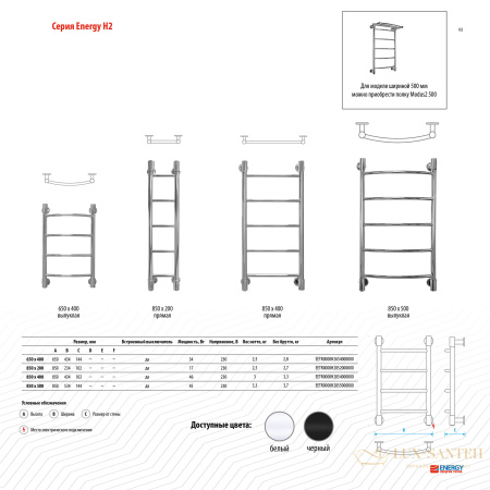 полотенцесушитель электрический energy h2 850/400 46w прямая, хром