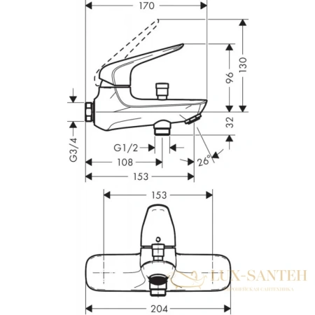 смеситель для ванны с душем hansgrohe novus 71041000, хром