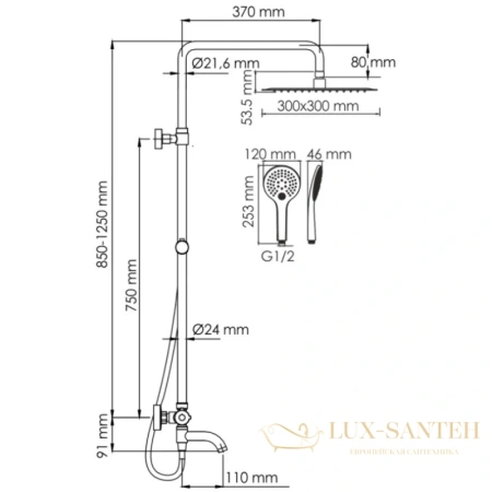 душевая система wasserkraft mindel a188.163.155.wm thermo 300 мм, белый матовый