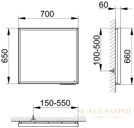 зеркало с подсветкой keuco royal lumos, 14597132000, 700х650х60 мм, алюминий