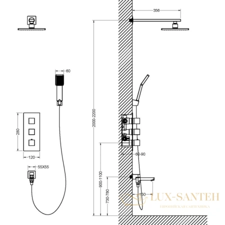 душевой комплект timo tetra-thermo sx-0199/03sm 230 мм, черный