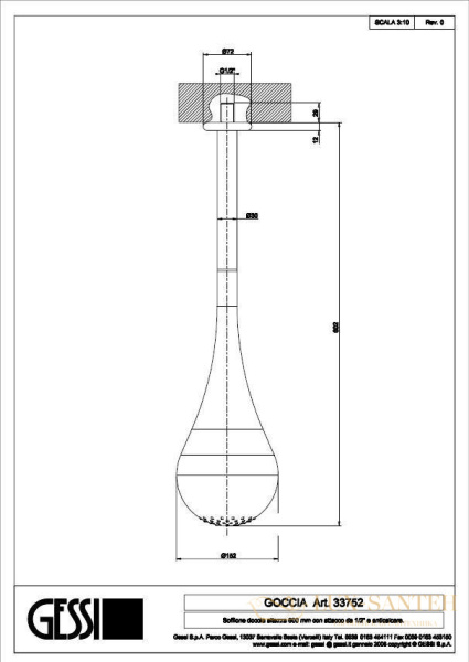 верхний душ gessi goccia 33752.031 с кронштейном, хром