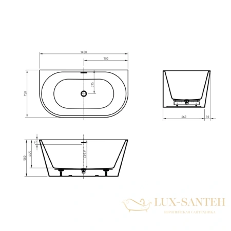 ванна акриловая пристенная 140x75 см belbagno bb710-1400-750, белый глянцевый