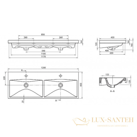 раковина belbagno bb-0325-120-2-lvb 120 см, белый