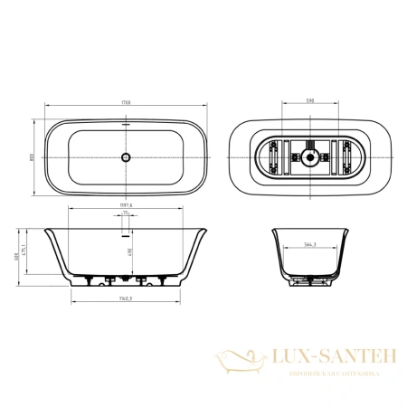 ванна акриловая свободностоящая 170x80 см belbagno due bb702-1700-800-k, белый глянцевый