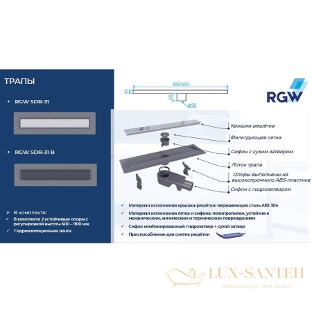 душевой лоток rgw 47213160-01 с решеткой sdr-31, хром