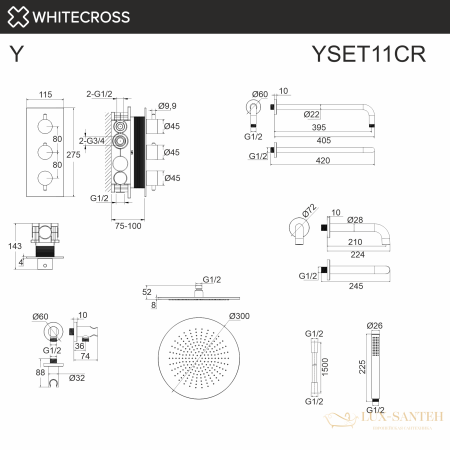 термостатическая система для ванны скрытого монтажа whitecross y yset11cr, хром