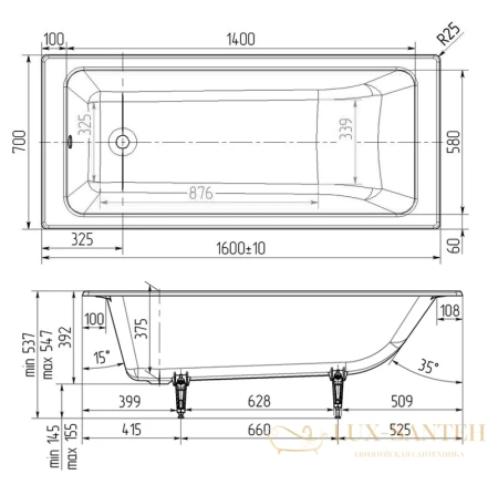 чугунная ванна wotte line 160x70, line 1600x700, цвет белый