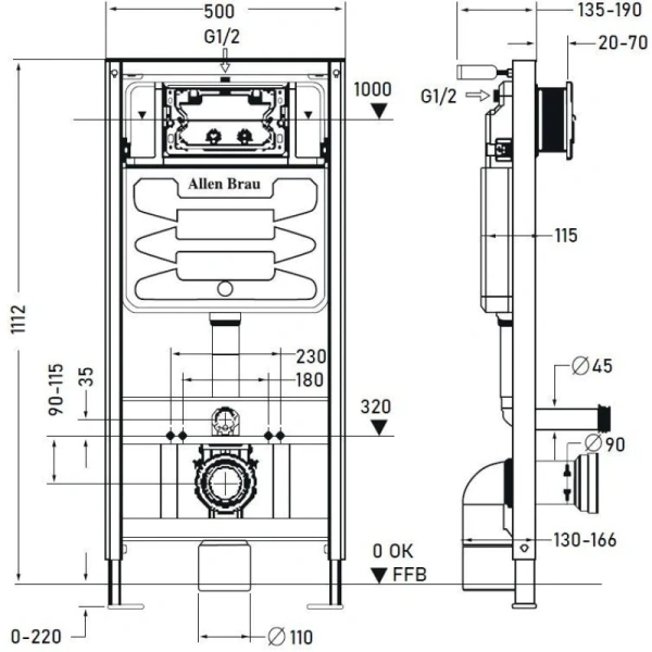 монтажный элемент allen brau pneumatic 9.11100.20 для подвесного унитаза 