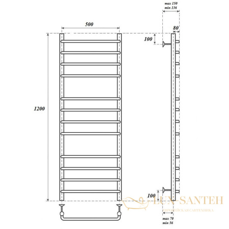 полотенцесушитель 500x1200 водяной point нептун pn09152 п12, хром