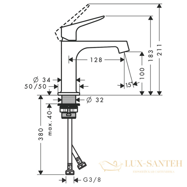 смеситель для раковины 100, axor citterio m, 34017000, с донным клапаном, хром