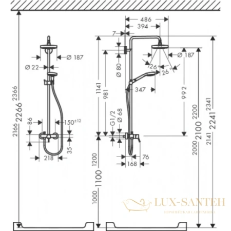 душевая стойка hansgrohe croma select s 27255400, showerpipe 180 2jet с однорычажным смесителем, белый/хром