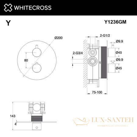 смеситель термостатический для душа скрытого монтажа whitecross y y1236gm, оружейная сталь